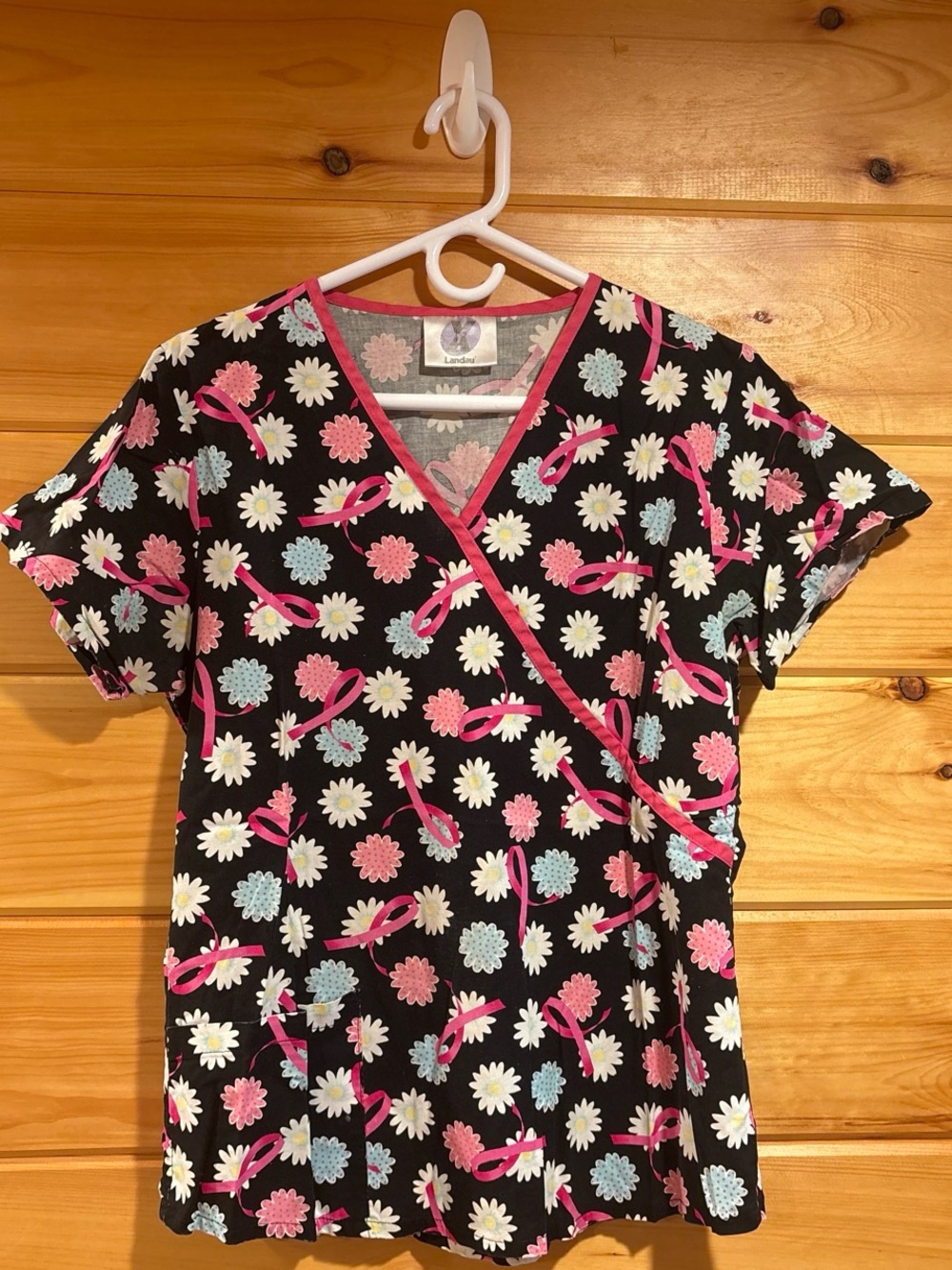 Landau Black Floral & Pink Ribbon Scrub Top